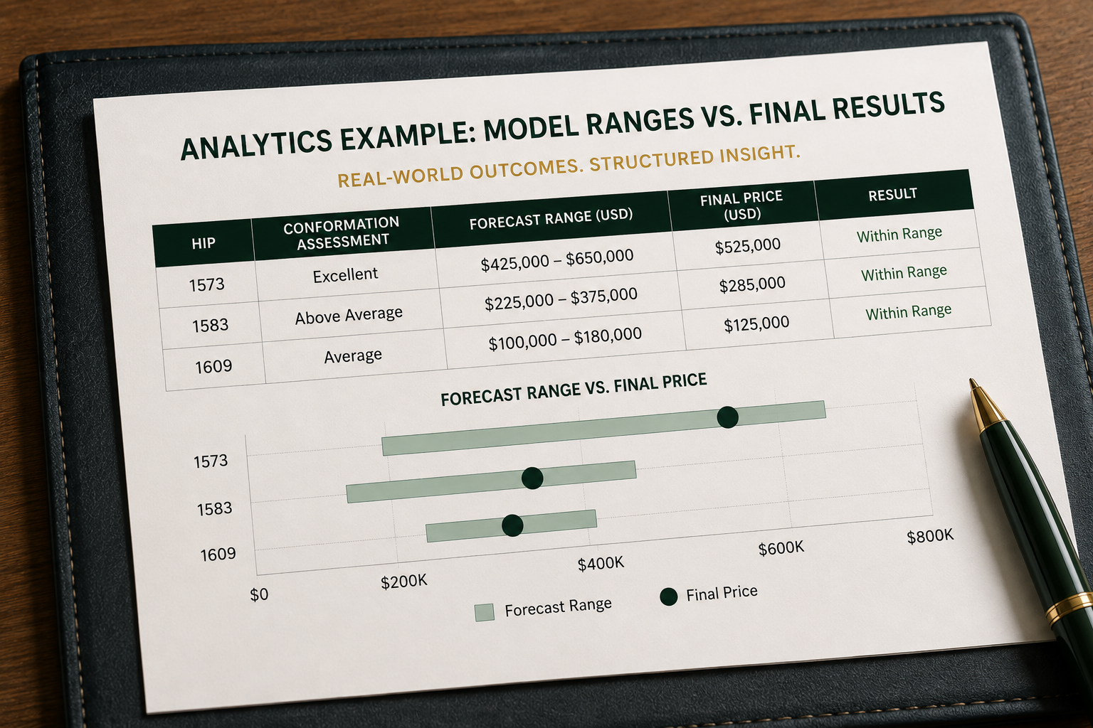 Horse Sense sales forecasting example comparing modeled ranges with final sale results